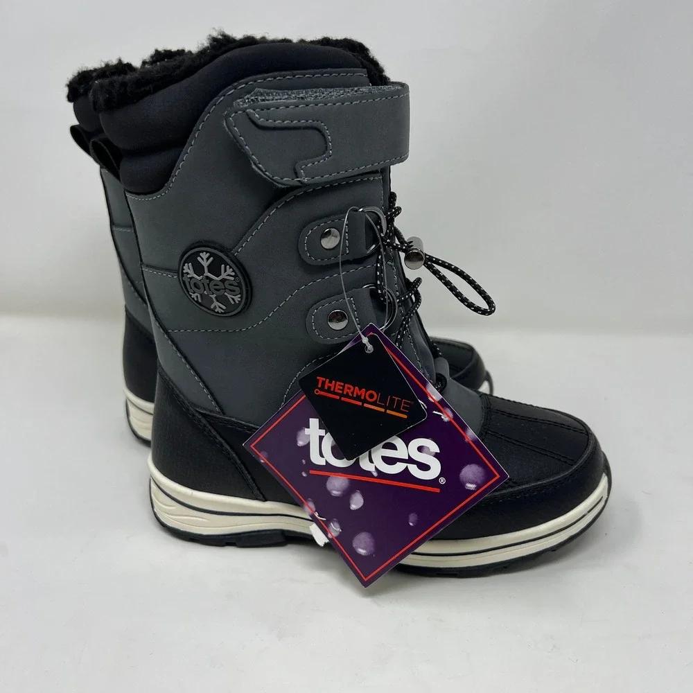 Totes Diamond 2 Kids Size 13 Grey Black Winter Snow Boots NWT Thermolite Zip
